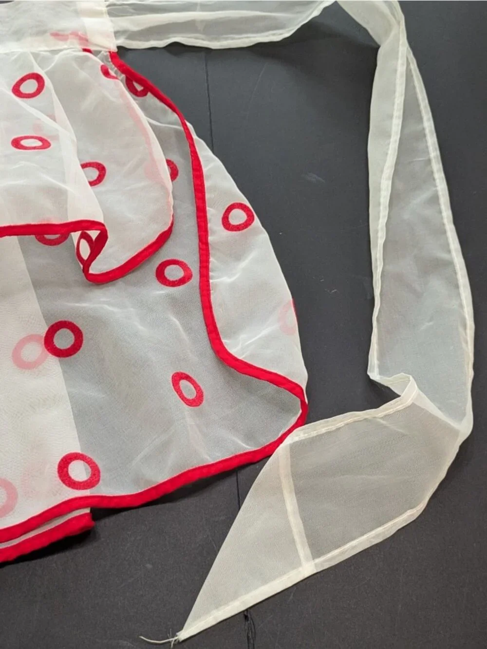 Vintage Sheer White Half Apron Embroidered Red Circles and Piping Polka Dot